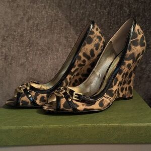 GUESS Peep-Toe Wedges in Leopard and Gold G Buckle
